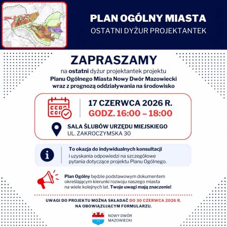 grafika informująca o dyżurze, granatowe barwy, napisy, herb