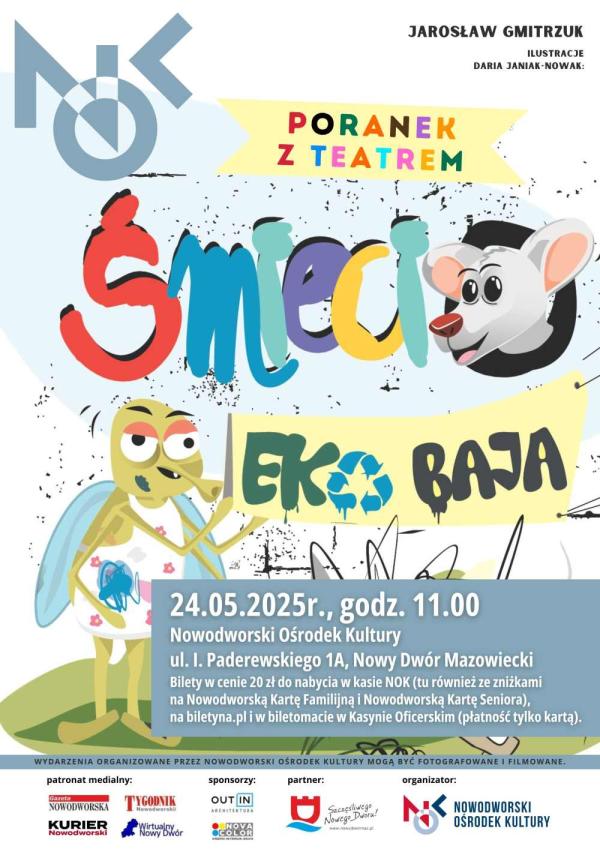 Głowa szczurka wystająca z otworu oraz stojąca na dwóch nogach mucha w fartuszku trzymająca baner Eko Baja.