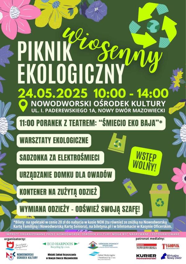 Różnokolorowe kwiaty i kosz naśmieci.