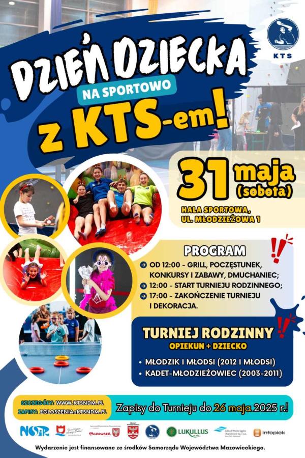 Dzieci w kolorowych strojach sportowych przy stole do tenisa stołowego oraz na dmuchanej zjeżdżalni.