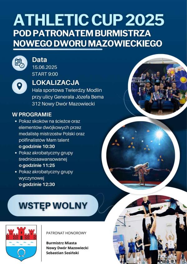 Dziewczynki z dyplomami i medalami. 2 mężczyzn w figurze akrobatycznej. Dwie dziewczynki w szpagacie trzymane w powietrzu.