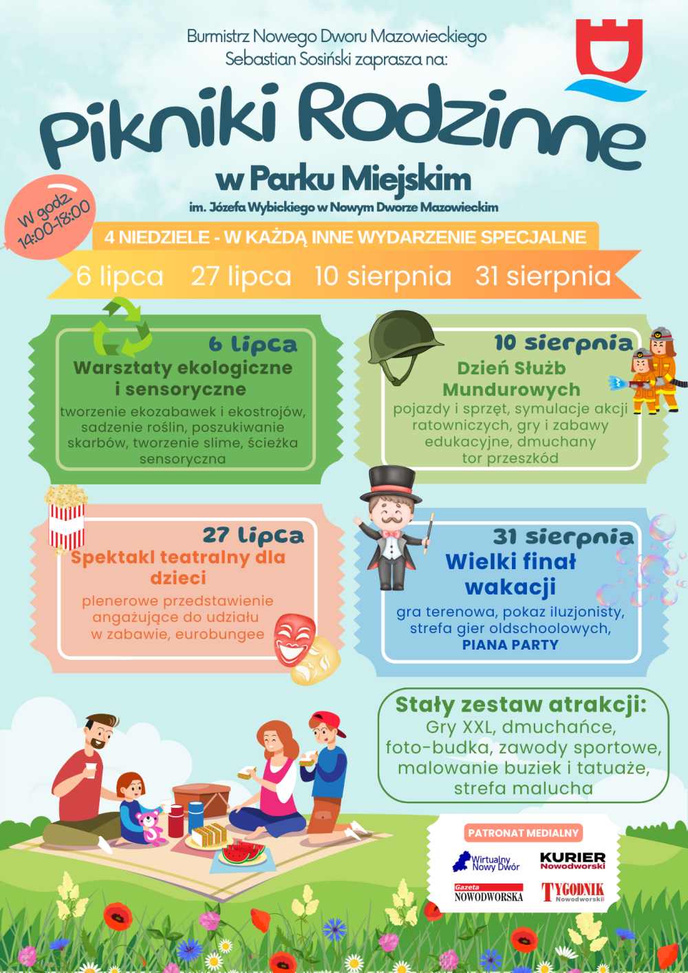 Kobieta, mężczyzna, dziewczynka i chłopiec siedzący na kocu na łące. Mężczyzna w cylindrze, maski teatralne, dwóch strażaków.