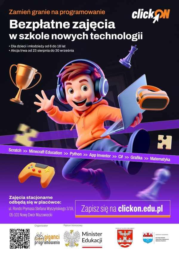 Graficzna informacja treści, chłopiec w słuchawkach na głowie trzymajacy laptopa w lewym ręku.