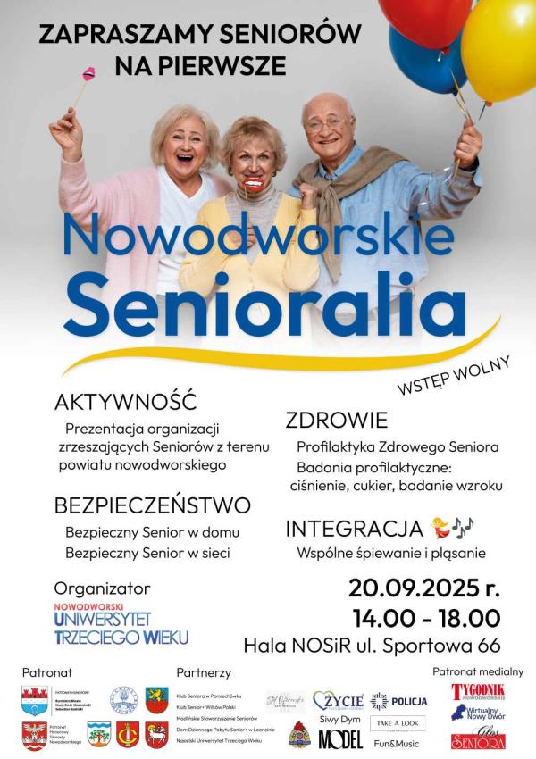 Graficzna informacja treści, dwie dojrzałe kobiety i mężczyzna, w stopce logotypy organizatora, patronów i partnerów.