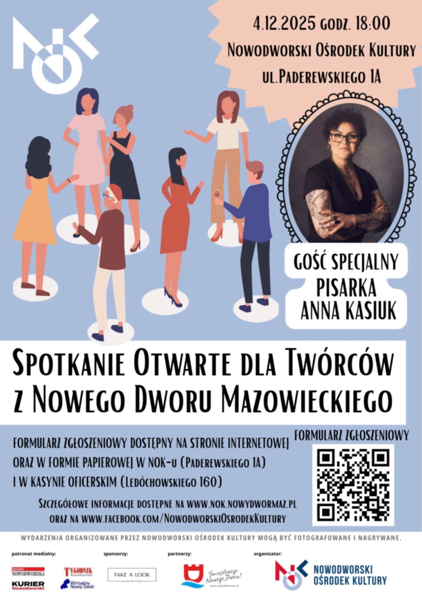 plakat promujący Otwarte Spotkanie Twórców z Nowego Dworu Mazowieckiego, rysunki postaci, w okienku prowadząca