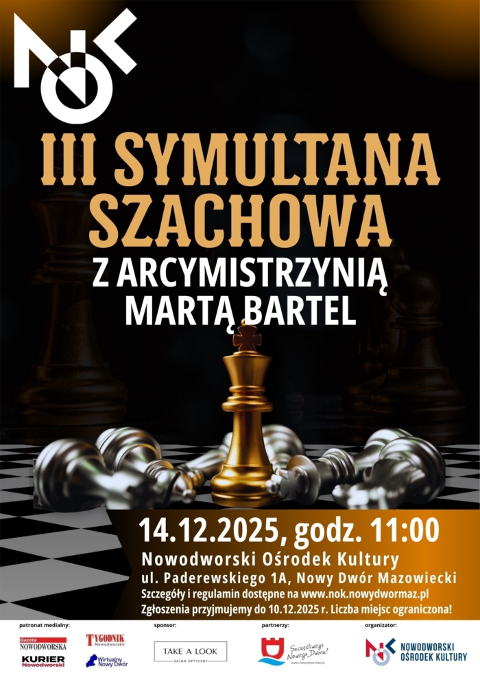 Plakat promujący wydarzenie, czarne tło, logo NOK, złoto-srebrne szachy 
