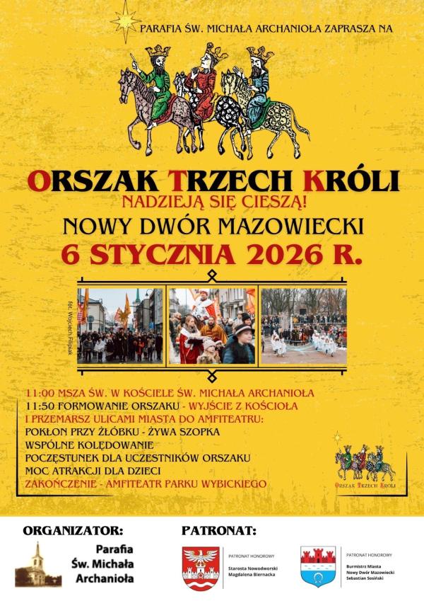 Graficzna informacja treści, trzech mężczyzn w koronach na koniach, uczestnicy marszu, w stopce logotypy.