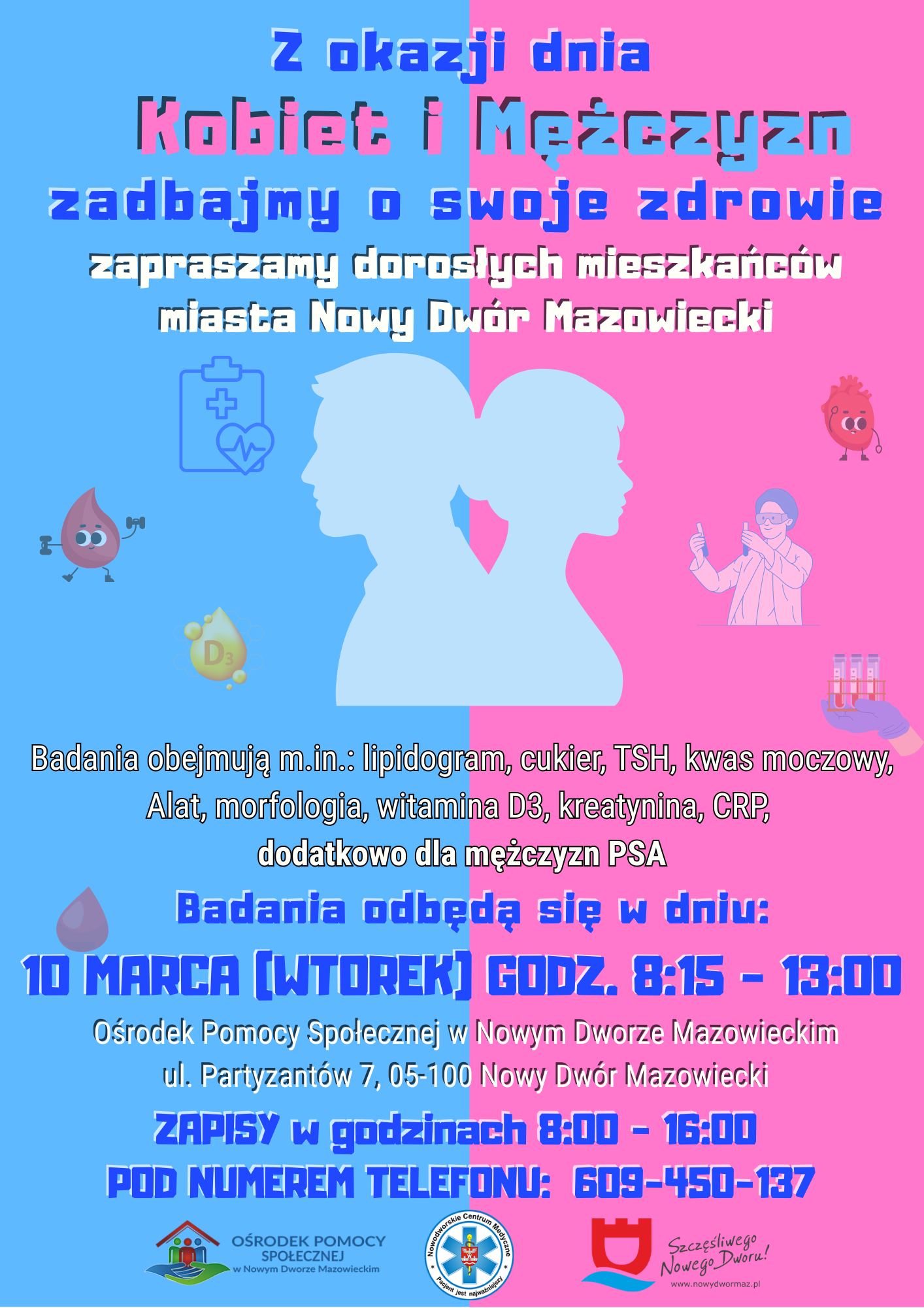 różowo niebieski plakat z postaciami kobiety i mężczyzny, na plakacie informacje