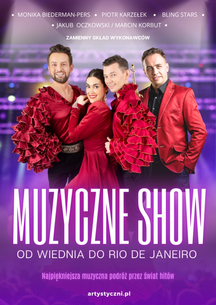 cztery osoby ubrane w czerwone stroje artystyczne, napisy , fioletowe tło