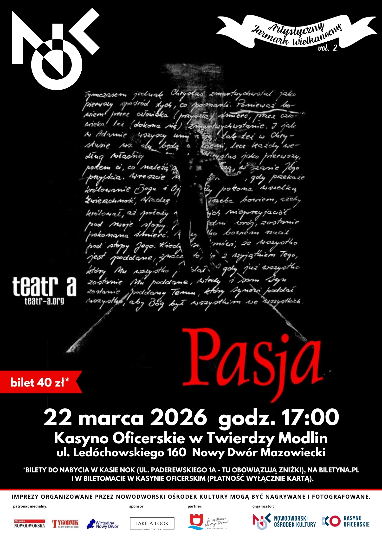 czarne tło, białe artystyczne napisy, czerwony napis Pasja