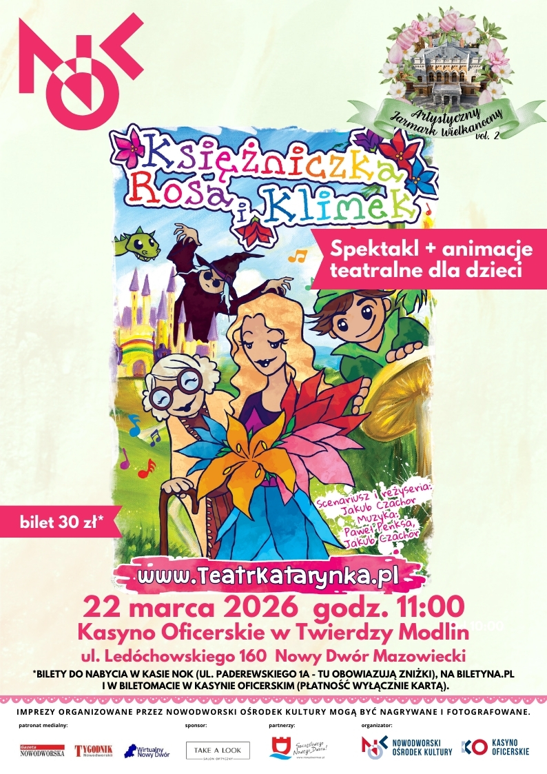 kolorowa postać księżniczki wśród innych postaci, poniżej tytuł spektaklu