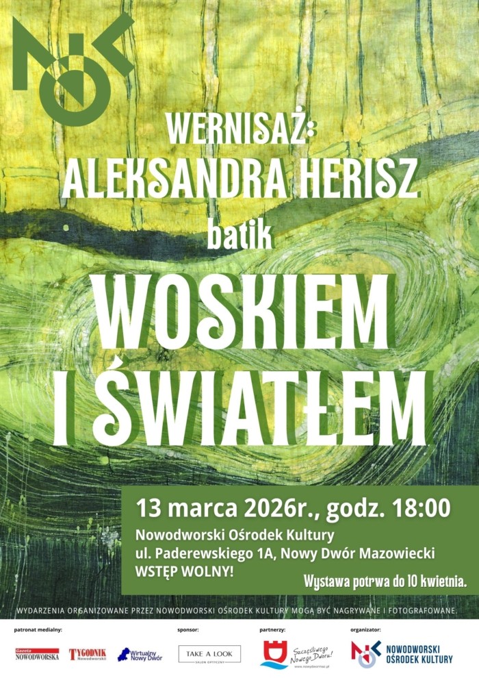 zielone artystyczne tło, napisy informujące o wernisażu