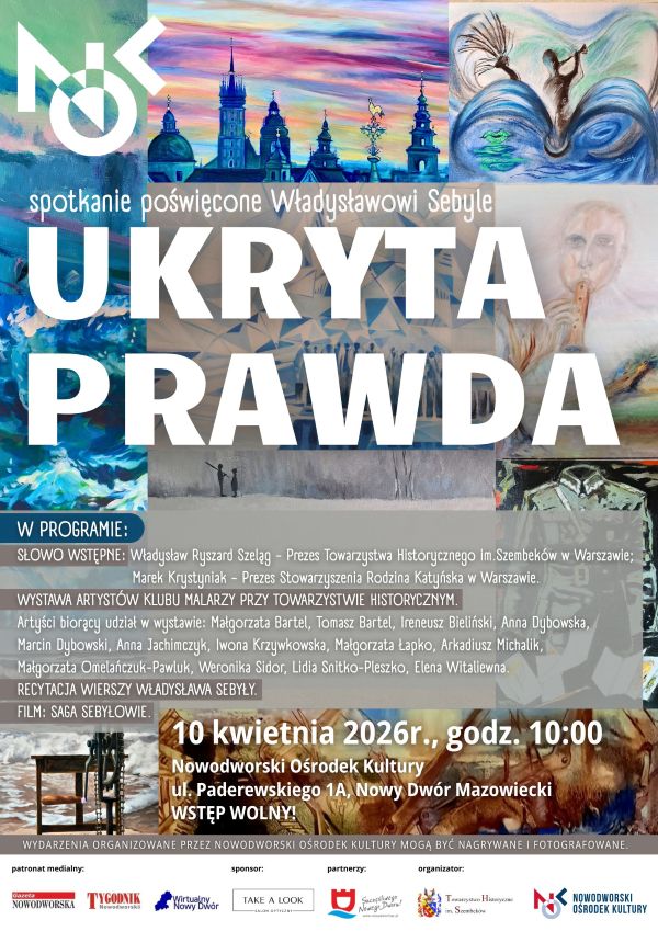 plakat promujący wernisaż, tło stanowią obrazy, poniżej logotypy