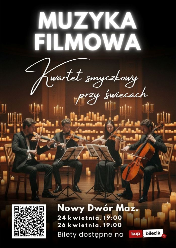 plakat promujący wydarzenie, muzycy otoczeni świecami, napisy i kod QR poniżej
