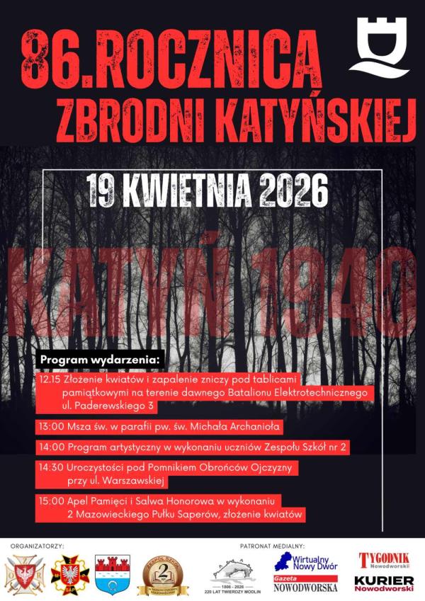 Graficzna informacja treści, pośrodku drzewa na nich Katyń 1940, na dole logotypy.