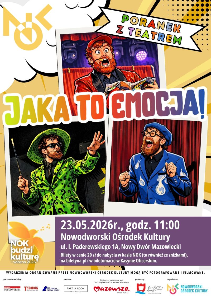 plakat promujący wydarzenie, rysunki postaci która pokazuje różne miny