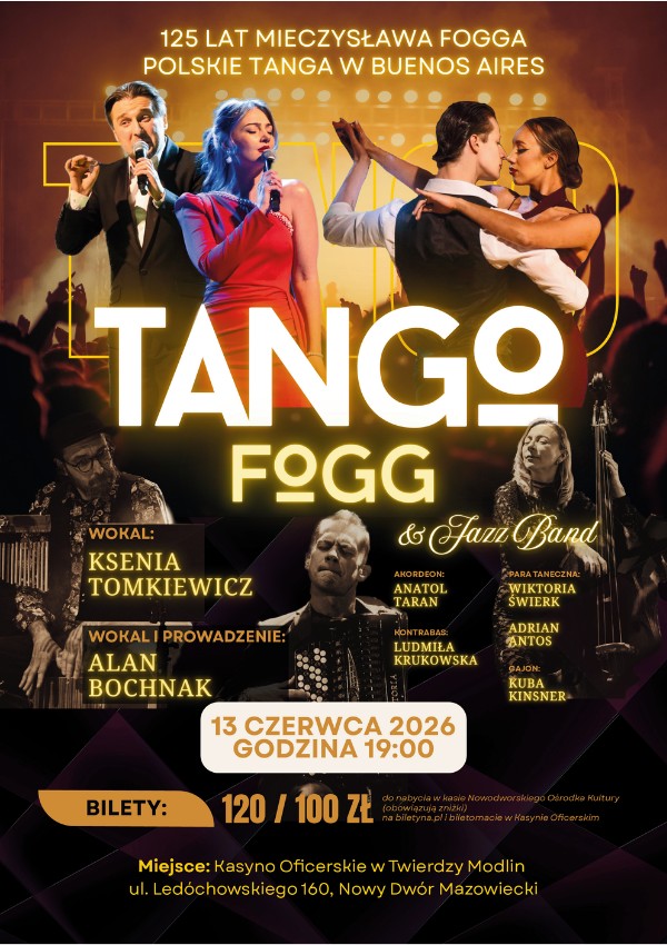Plakat koncertu „Tango Fogg & Jazz Band” 125-lecie M. Fogga, polskie tanga, muzycy i para taneczna