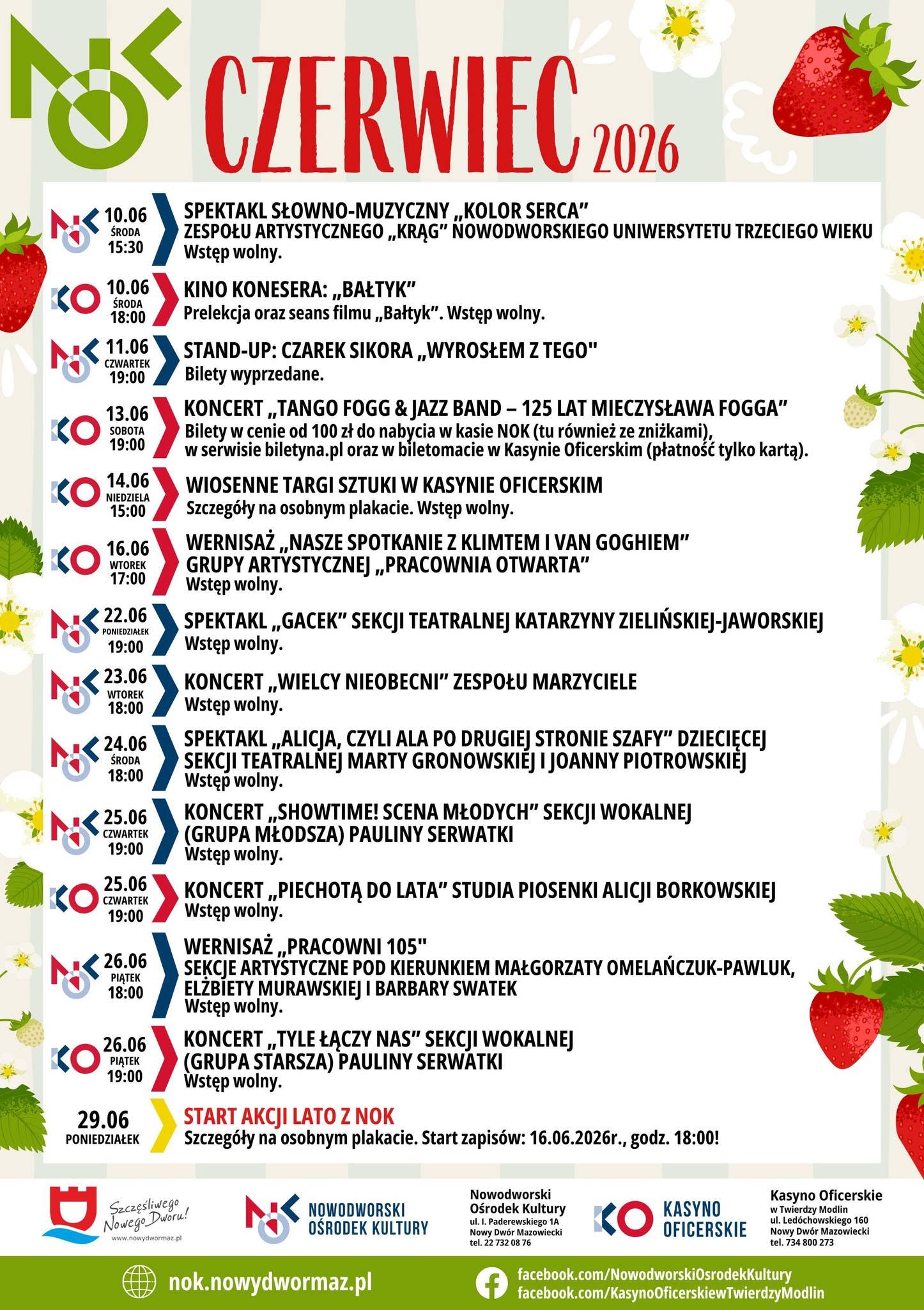 Plakat z kalendarzem wydarzeń Nowodworskiego Ośrodka Kultury i Kasyna Oficerskiego na czerwiec 2026.