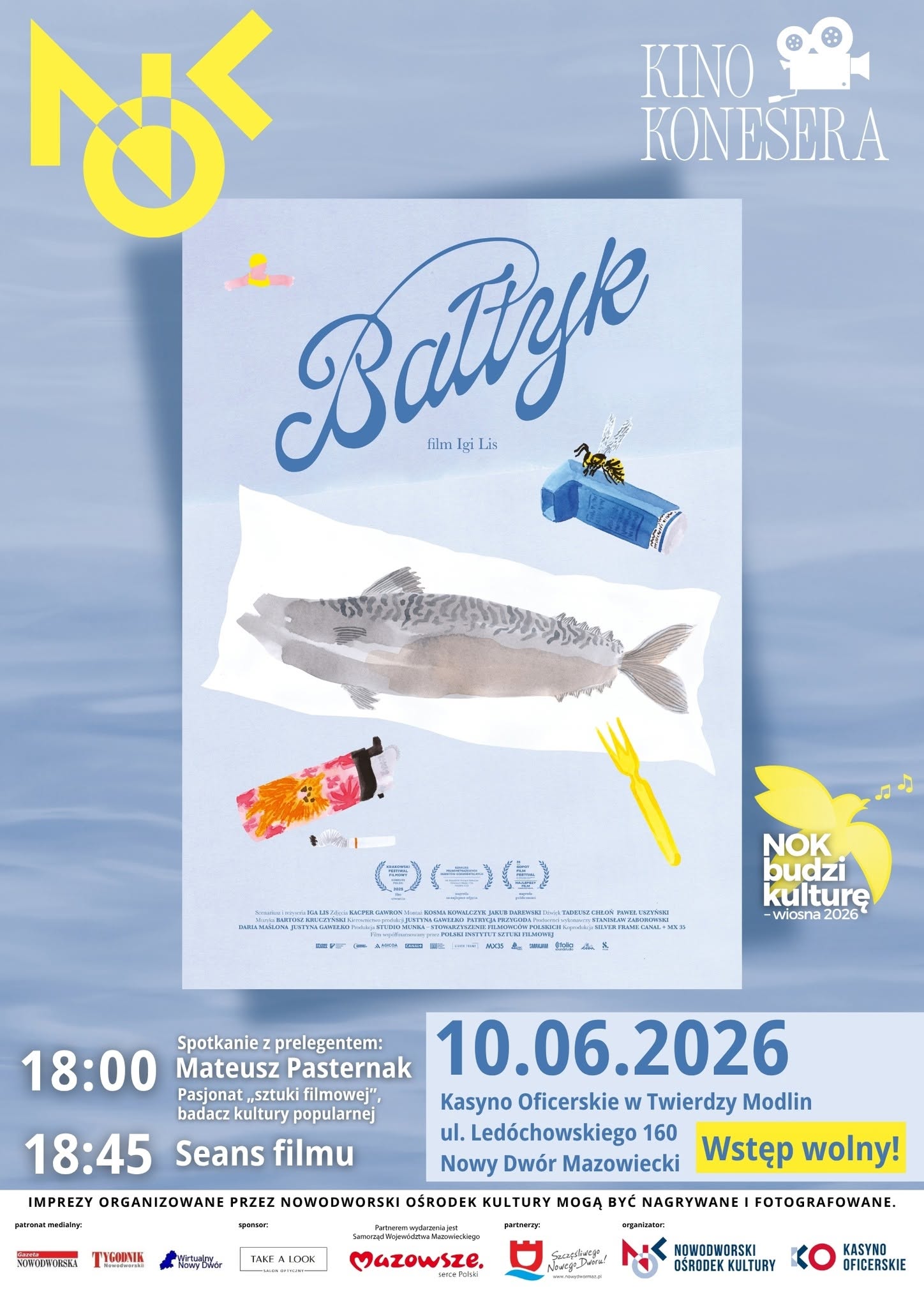 Plakat Kina Konesera zapraszający na prelekcję i pokaz filmu „Bałtyk” 10 czerwca 2026 w Kasynie Oficerskim.
