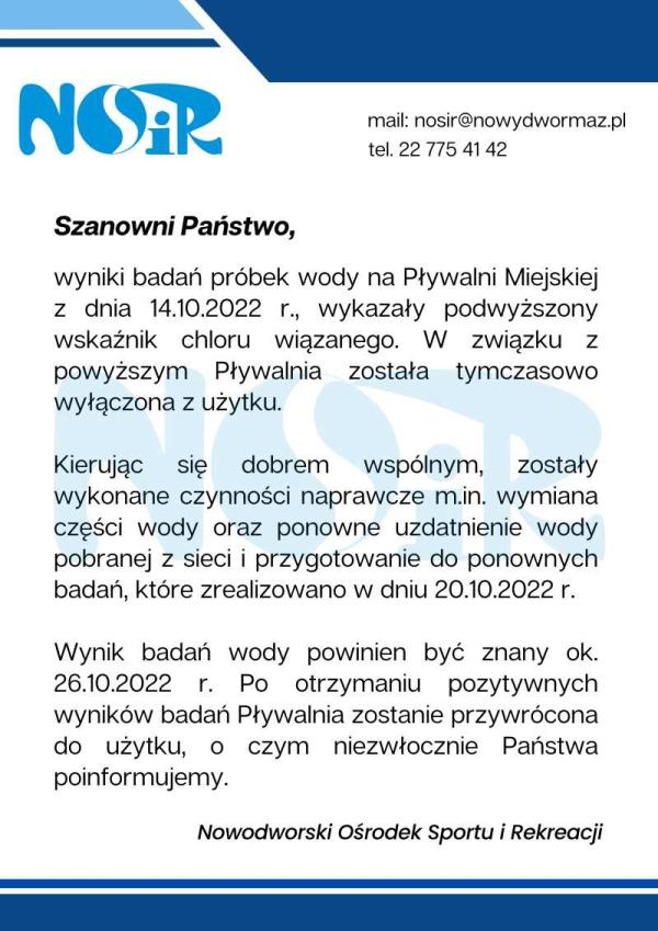 Logo NOSiR-u, na dole i górze niebieskie i granatowe poziome paski, na białym tle informacja o tymczasowym wyłączeniu pływalni z użytku.