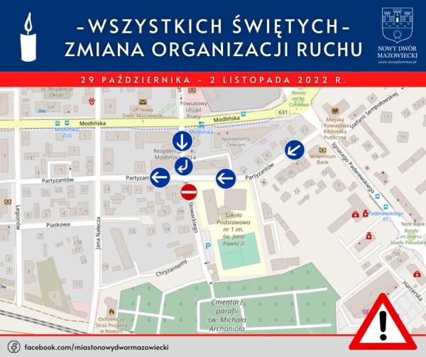 Mapka przedstawiająca zmiany organizacji ruchu w rejonie cmentarza przy ul. Słowackiego podczas uroczystość Wszystkich Świętych.