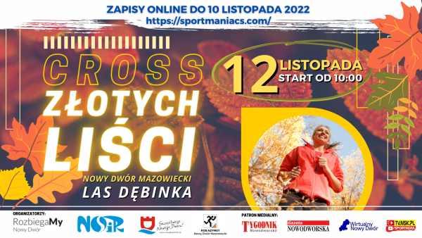 Na tle żóltych, pomarańczowych i zielonych liści informacja o Crossie Złotych Liści. W dolnym prawym rogu kod QR do zapisów. Powyżej kobieta w czarnych spodniach i czerwonej bluzie sprtowej.