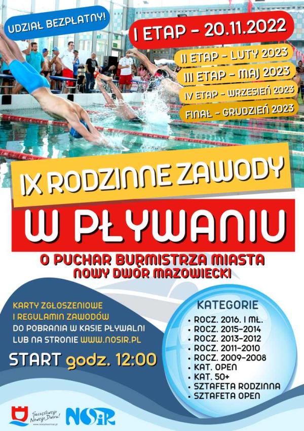 Mężczyźni skaczą do wody w basenie. Logo promocyjne miasta Nowy Dwór Mazowiecki oraz logo Nowodworskiego Ośrodka Sportu i Rekreacji.
