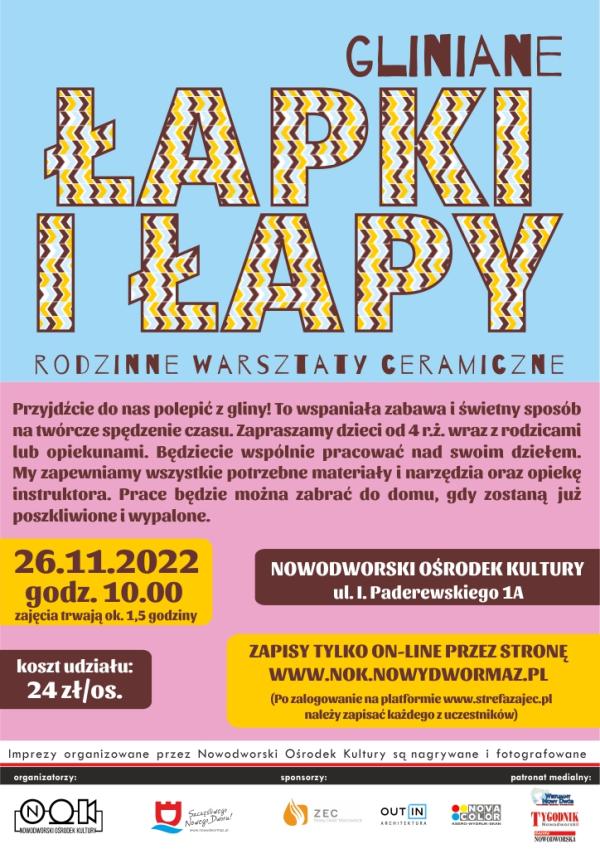 Duży napis Gliniane (brązowy) Łapki i Łapy (w żółto-brązowe falowania) rodzinne warsztaty ceramiczne (brązowy) na niebieskim tle. Na różowym tle poniżej oraz w żółtych i brązowych prostokątnych polach szczegóły warsztatów.