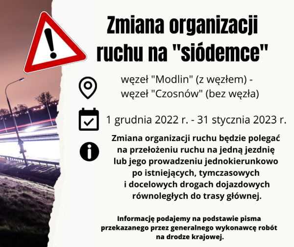 Zmiana organizacji ruchu na S7 Modlin-Czosnów. Fragment oświetlonej drogi ekspresowej S7.