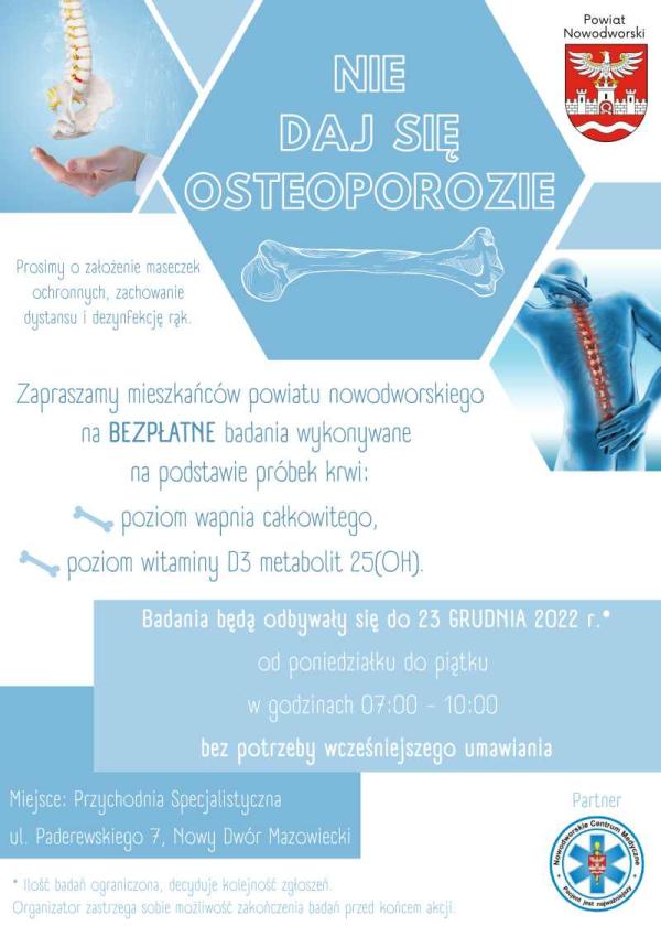 Bialo-niebieski plakat. Zdjęcie kręgosłupa i grafika człowieka trzymającego się za górną i dolną cześć kręgosłupa. Herb powiatu nowodworskiego. Logo Nowodworskiego Centrum Medycznego.