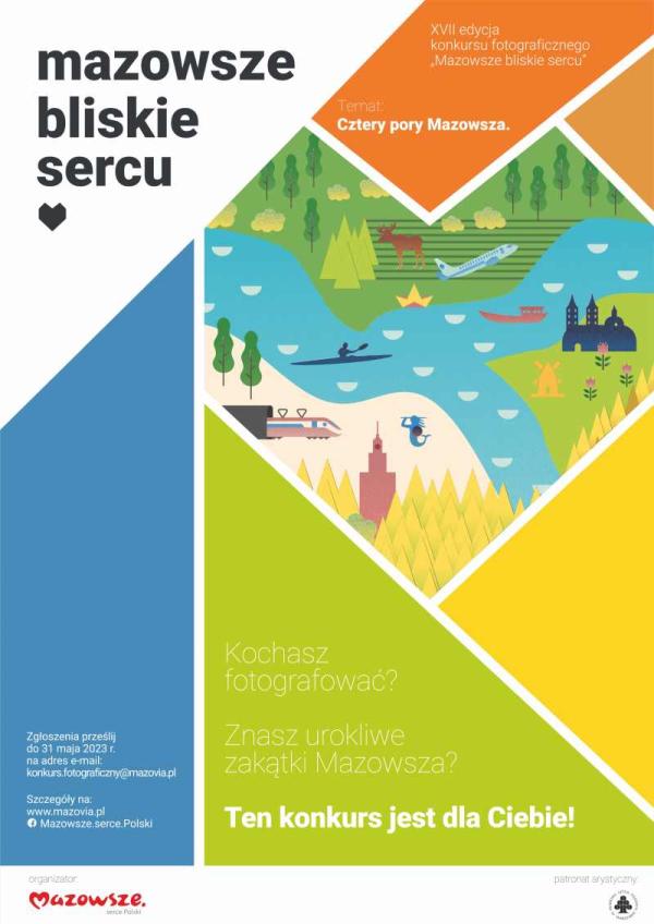 Trójkąty: niebieski, zielony, żółty, brązowy. Pomarańczowy czworobok. W środku rysunki: samolotu, rzeki, łosia, łódki, kajakarza, drzew, pociągu, warszawskiej Syrenki, Pałacu Kultury i Nauki, wiatraka, zabytku z trzema wieżami.