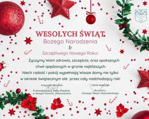 Czerwone gwiazdy betlejemskie i bombki oraz gwiazdy i gwiazdeczki. Na szarym tle czerwono-zielone życzenia Wesołych Świąt Bożego Narodzenia i Szczęśliwego Nowego Roku.