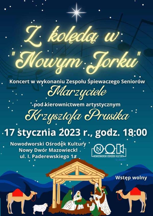 Na niebieskim niebie białe gwiazdy i czarna pięciolinia z nutami. Poniżej szopka z Jezsuem, Maryją i Józefem, trzej królowie, dwa wielbłądy i owca.