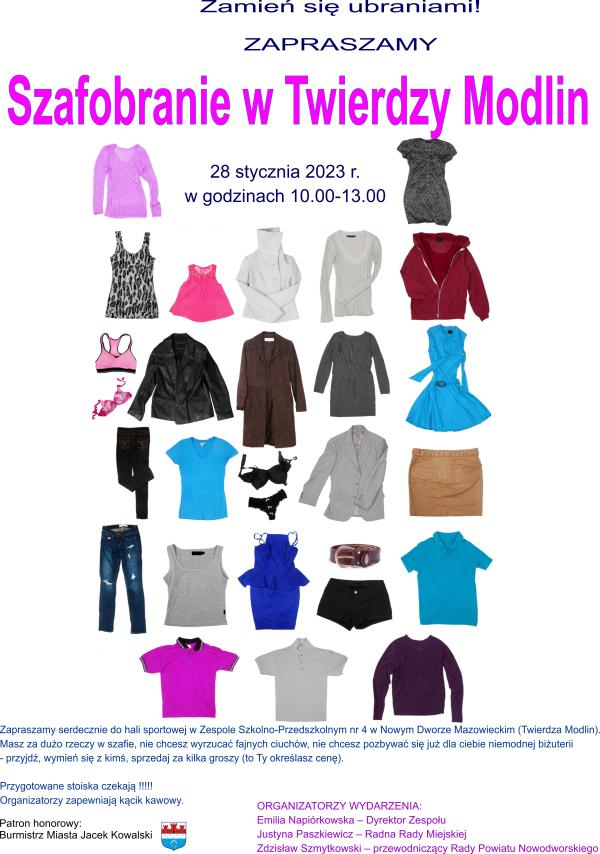 Szafobranie w Twierdzy Modlin - zamień się ubraniami! Kolorowe sukienki, kurtki, bielizna, spodnie, koszulki polo, swetry, marynarki.