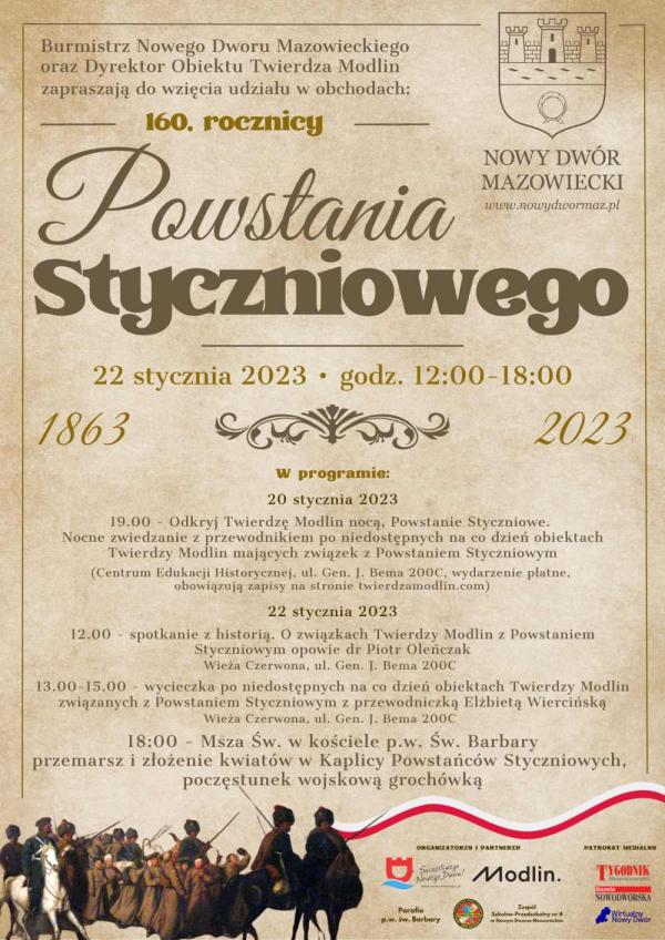 W górnym, prawym rogu brązowy herb Nowego Dworu Mazowieckiego oraz brązowy program obchodów 160. roczny Powstania Styczniowego na tle imitującym podstarzały papier. W dolnym, lewym rogu grupa powstańców styczniowych. W prawym - wstęga biało-czerwona.