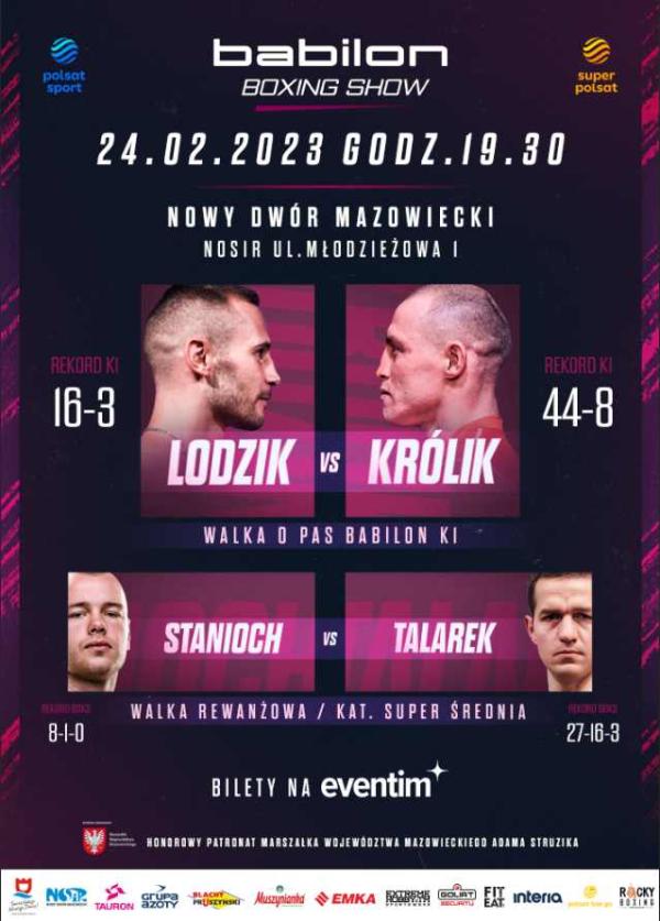 Na różowym tle dwie twarze pięciarzy (Lodzik vs Królik) zwrócone do siebie. Poniżej dwie twarze pięściarzy (Stanioch vs Talarek) patrzące przed siebie.