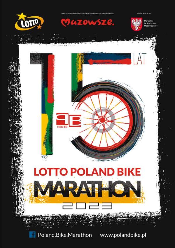Czerwono-czarny napis LOTTO Poland Bike Marathon 2023. Na białym tle duży kolorowy napis 15 lat. W piątkę wpisane czerwona obręcz ze szprychami.