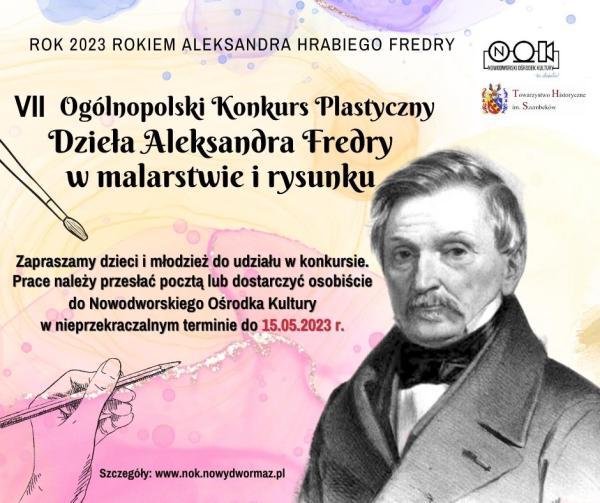 Czarno-biały portret Aleksandra Fredry. Na różowym tle dłoń trzymająca ołówek. Na żółtym tle pędzelek.