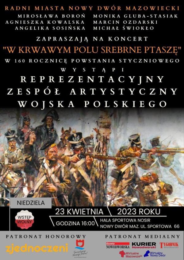 Powstańcy styczniowi: dwóch jadących konno, trzech strzelających z broni palnej, jeden klęczy podparty na ręku, jeden gra na bębnie.