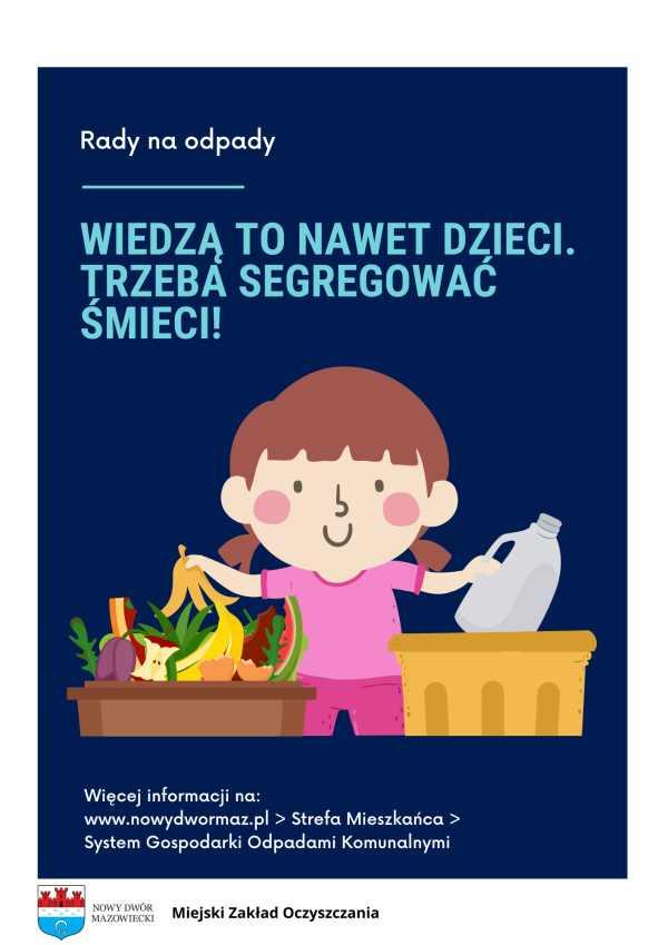 Dziewczynka z brązowymi włosami w różowej koszulce i spodniach wrzuca do brązowego kosza skórkę po bananie, a do żółtego - białą plastikową butelkę.