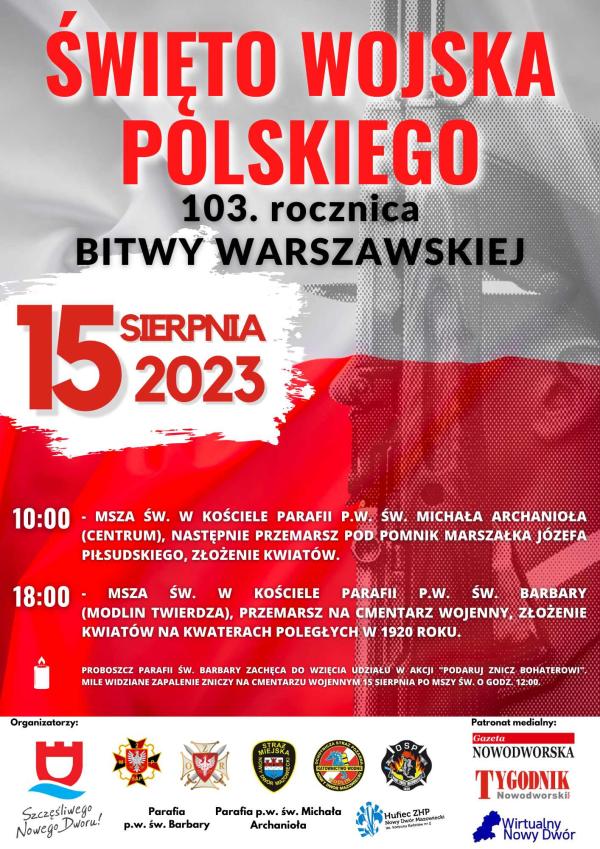 Na biało-czerwonej fladze szary wizerunek żołnierza w czapce trzymającego karabin.