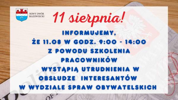 Na półprzezroczystym fragmencie dowodu osobistego informacja o utrudnienich w obsłudze interesantów w Wydziale Spraw Obywatelskich z powodu szkolenia pracowników.