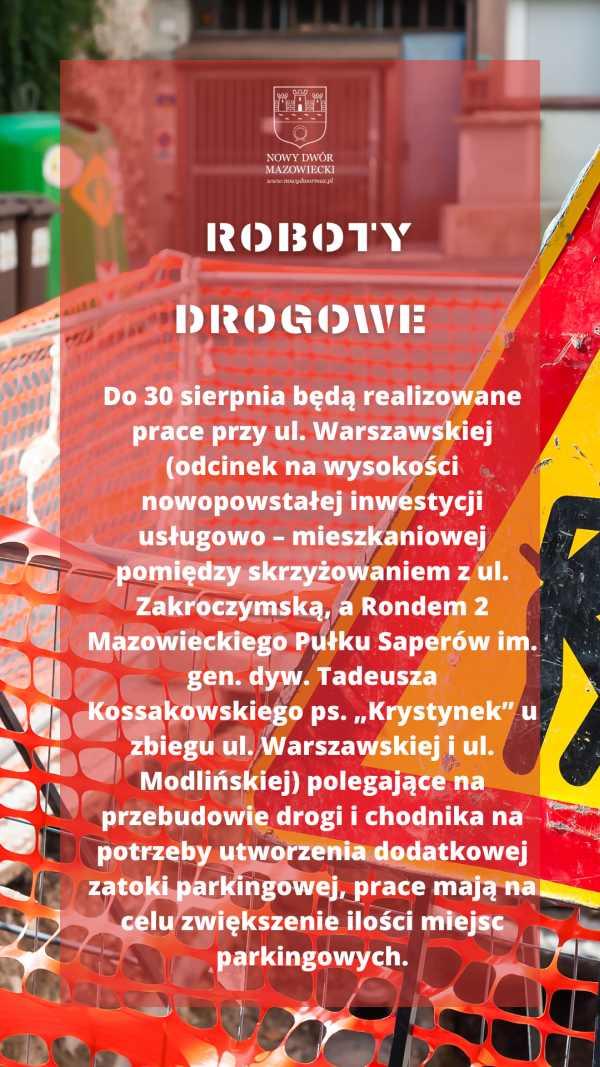 Pomarańczowa siatka zabezpieczające prace drogowe i fragment znaku drogowego roboty drogowe.