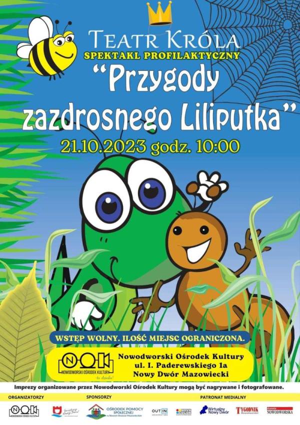 W górnym lewym rogu pszczółka, w prawym pajęczyna. Na dole w trawie konik polny z mrówką.