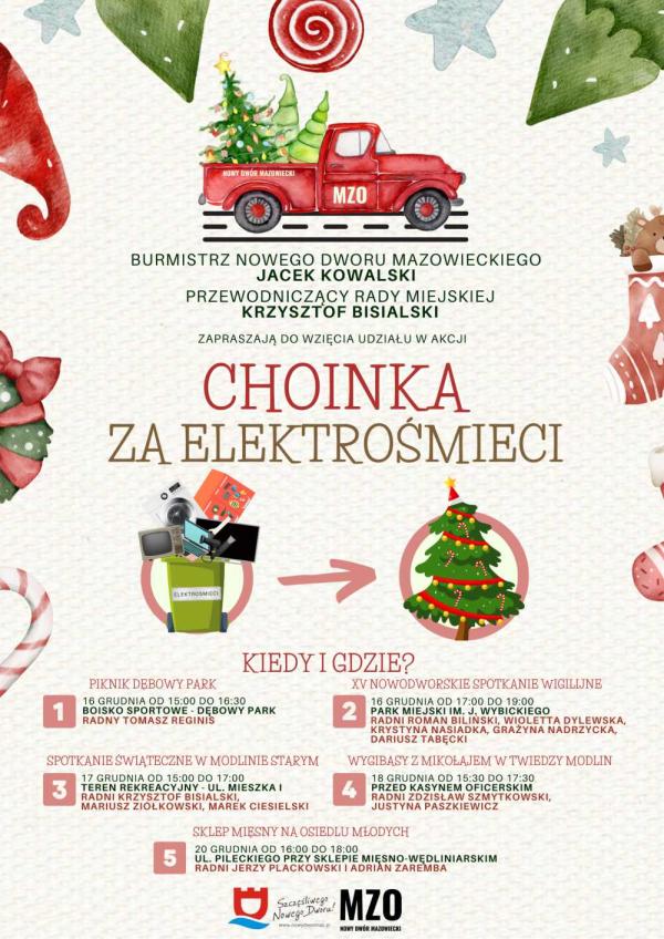 Czerwony samochód z choinkami. Nad koszem na elektrośmieci: ekran do komputera, telewizor, pralka, laptop, suszarka, maszynka do strzyżenia. Obok choinka z żółtymi bombkami i czerwonym łańcuchem.