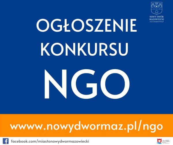 Na granatowym tle biały herb Nowego Dworu Mazowieckiego oraz biały napis Ogłoszenie konkursu NGO. Na pomarańczowym pasku poniżej biały napis www.nowydwormaz.pl/ngo.