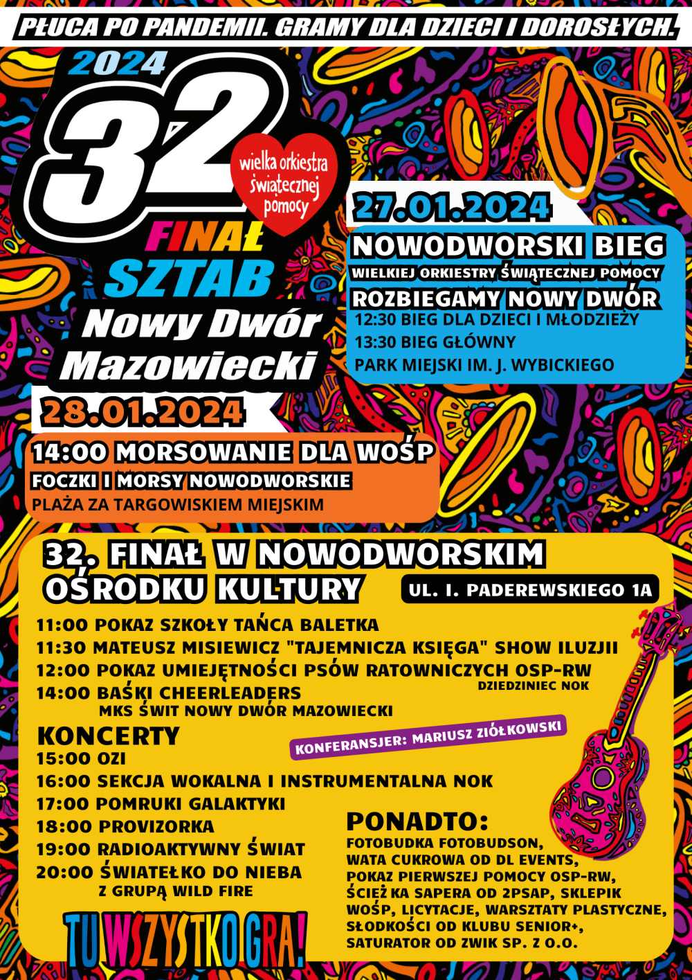 Biały napis wielka orkiestra świątecznej pomocy w czerwonym serduszku. Wielokolorowe trąbki i gitara.