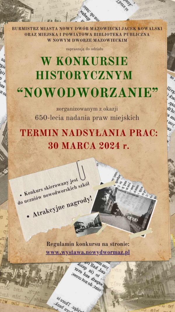 Wycinki z gazet oraz czarno-białe zdjęcia różnych budynków w Nowym Dworze Mazowieckim.