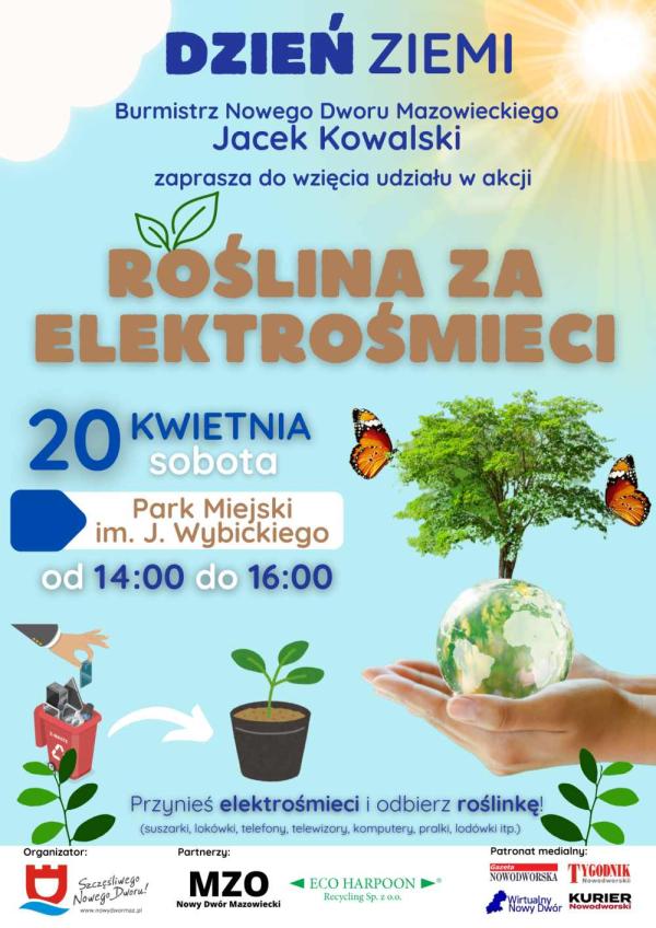 Kosz z elektrośmieciami, roślinka w doniczce. Drzewko z dwoma motylkami na kuli ziemskiej.