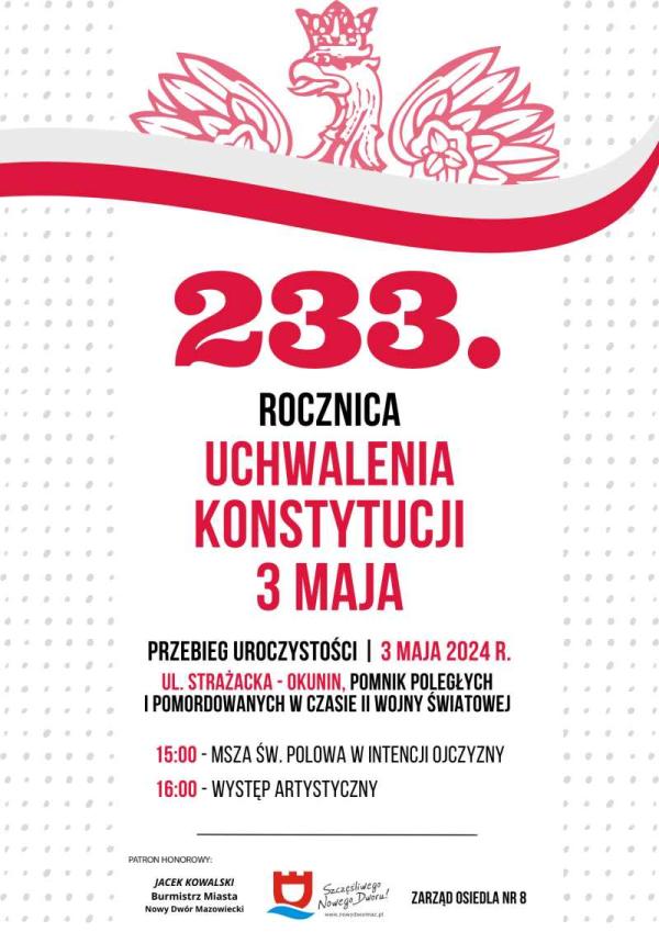 Czerwony fragment orła w koronie wystający zza biało-czerwonej wstęgi.